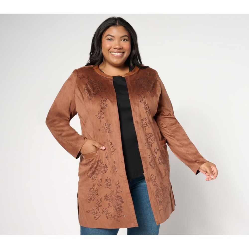 Isaac Mizrahi Live! Women's Jacket Sz XL Perforated Faux Suede Open Brown